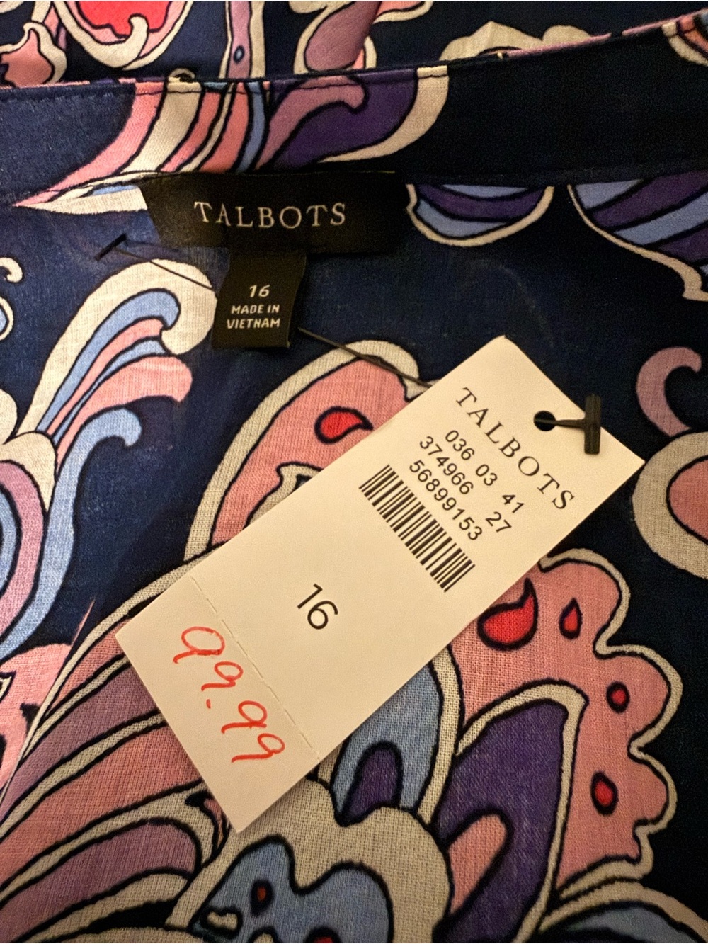NWT Talbots Navy Paisley Long-Sleeve Tie-Waist Midi Dress, Size 16 - Picture 6 of 7